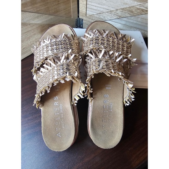Ateliers Shoes - Ateliers Italy Foil Fringe Slides Sandals 6.5 Rose Gold Emery Platform Slipon592